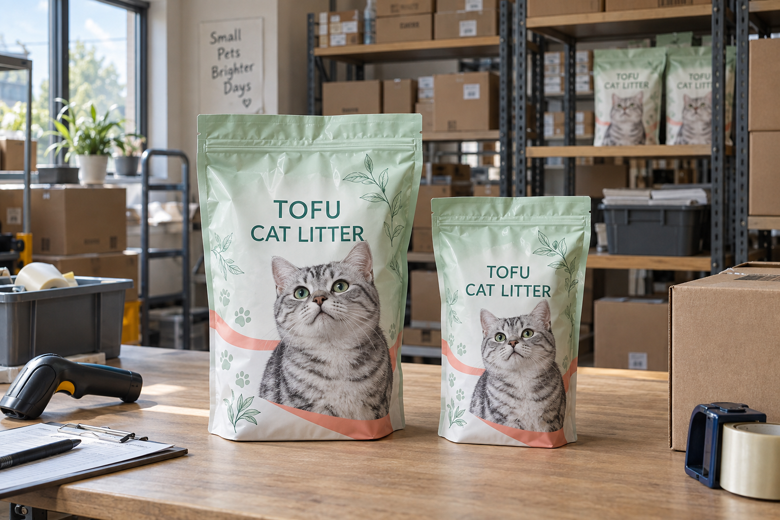 Cat-illustrated unbranded tofu litter pouches on a distributor stockroom packing table