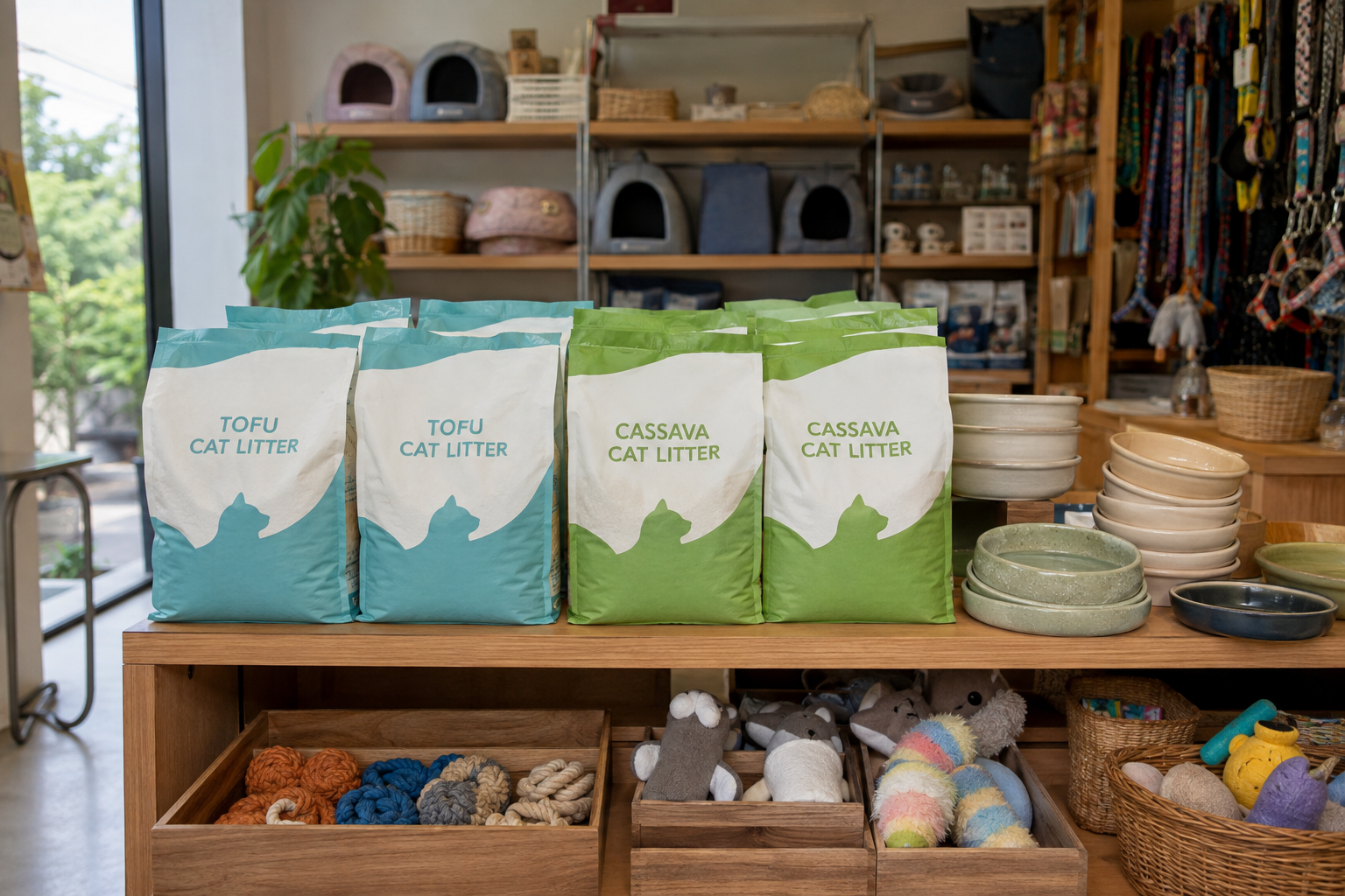 A small retail display of unbranded tofu and cassava litter bags in an independent pet store