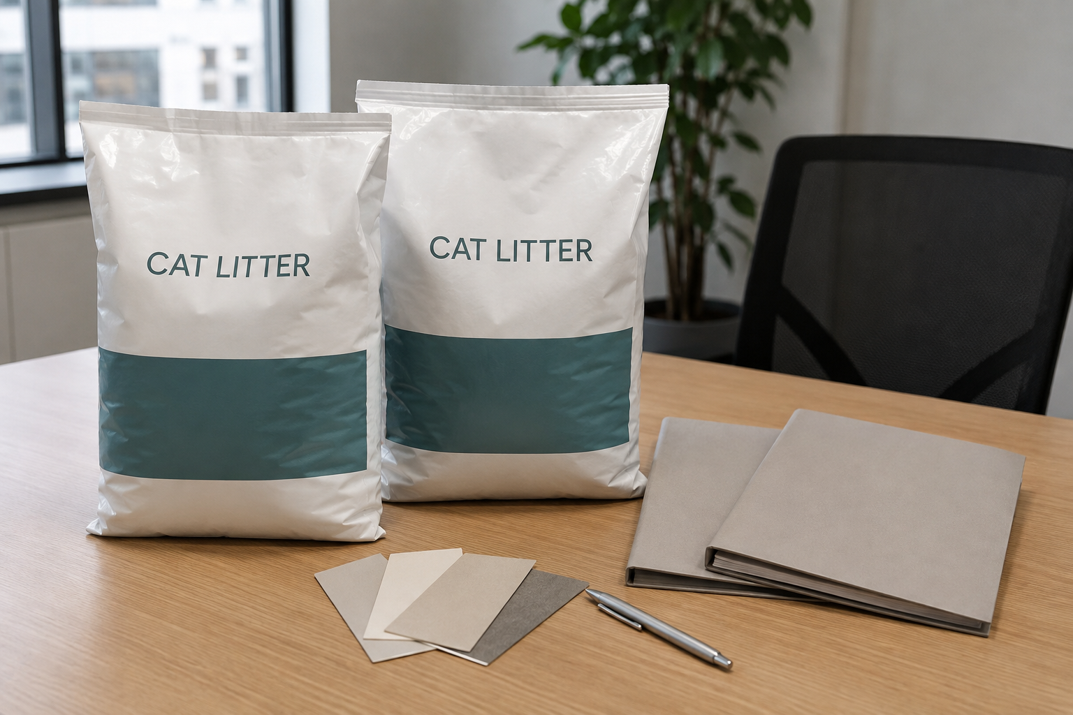 Two sealed unbranded cat litter sample bags with specification folders on an office review table