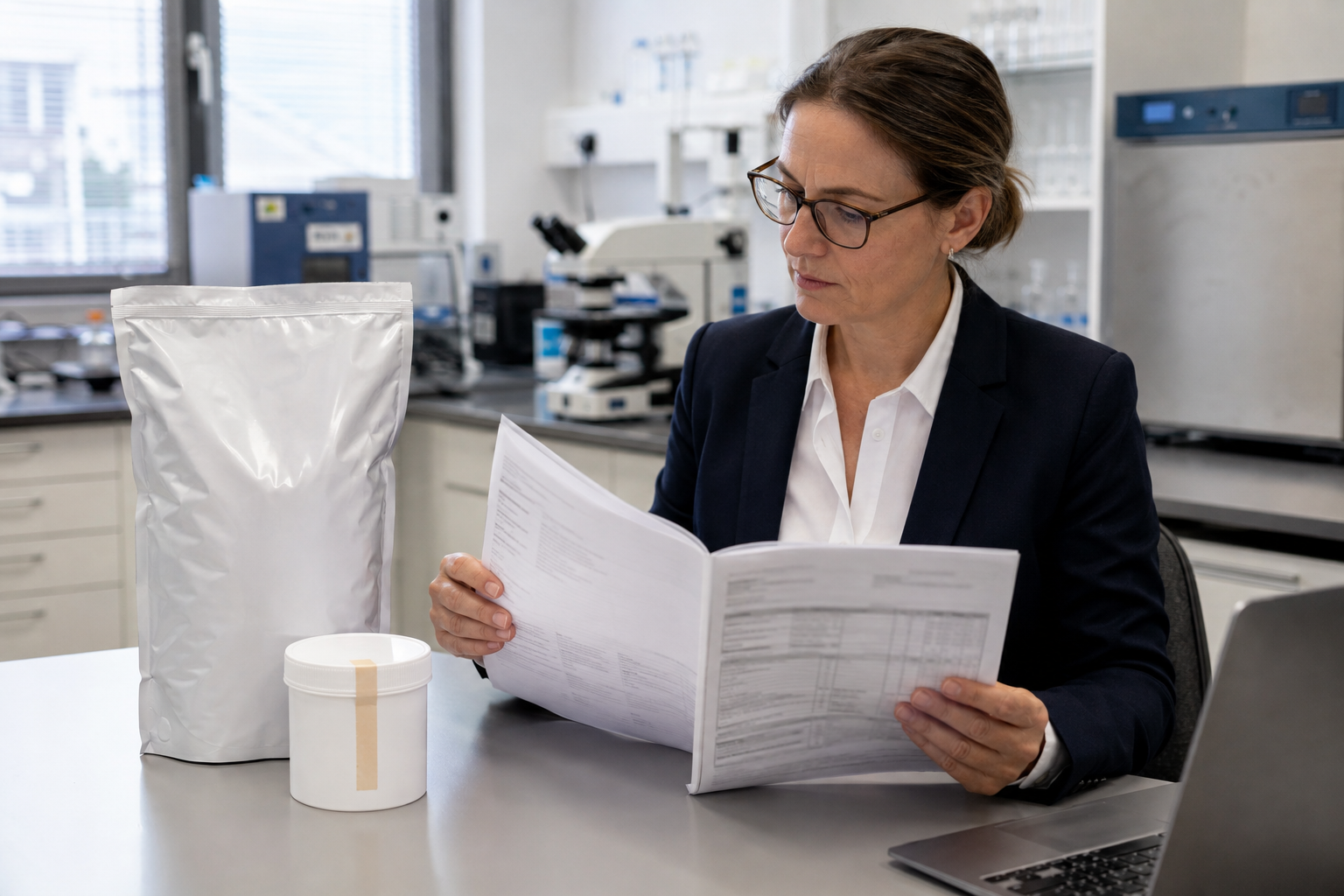 Quality manager reviewing laboratory reports beside a sealed cat litter bag