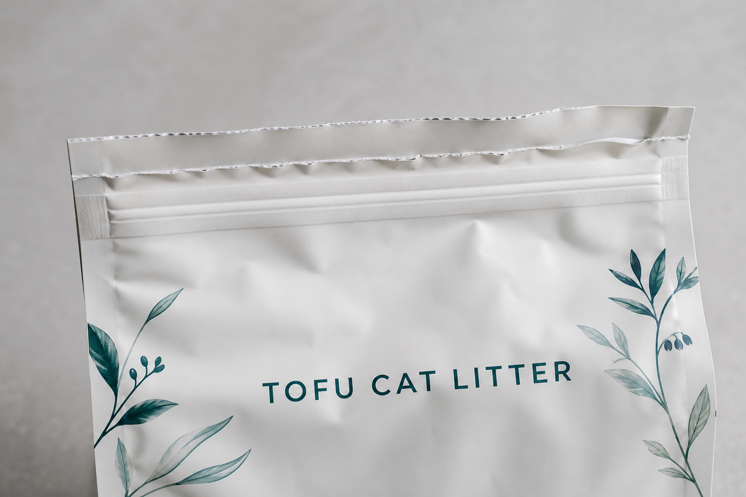 Angled view of an unbranded tofu cat litter pouch showing its resealable closure and finished top edge