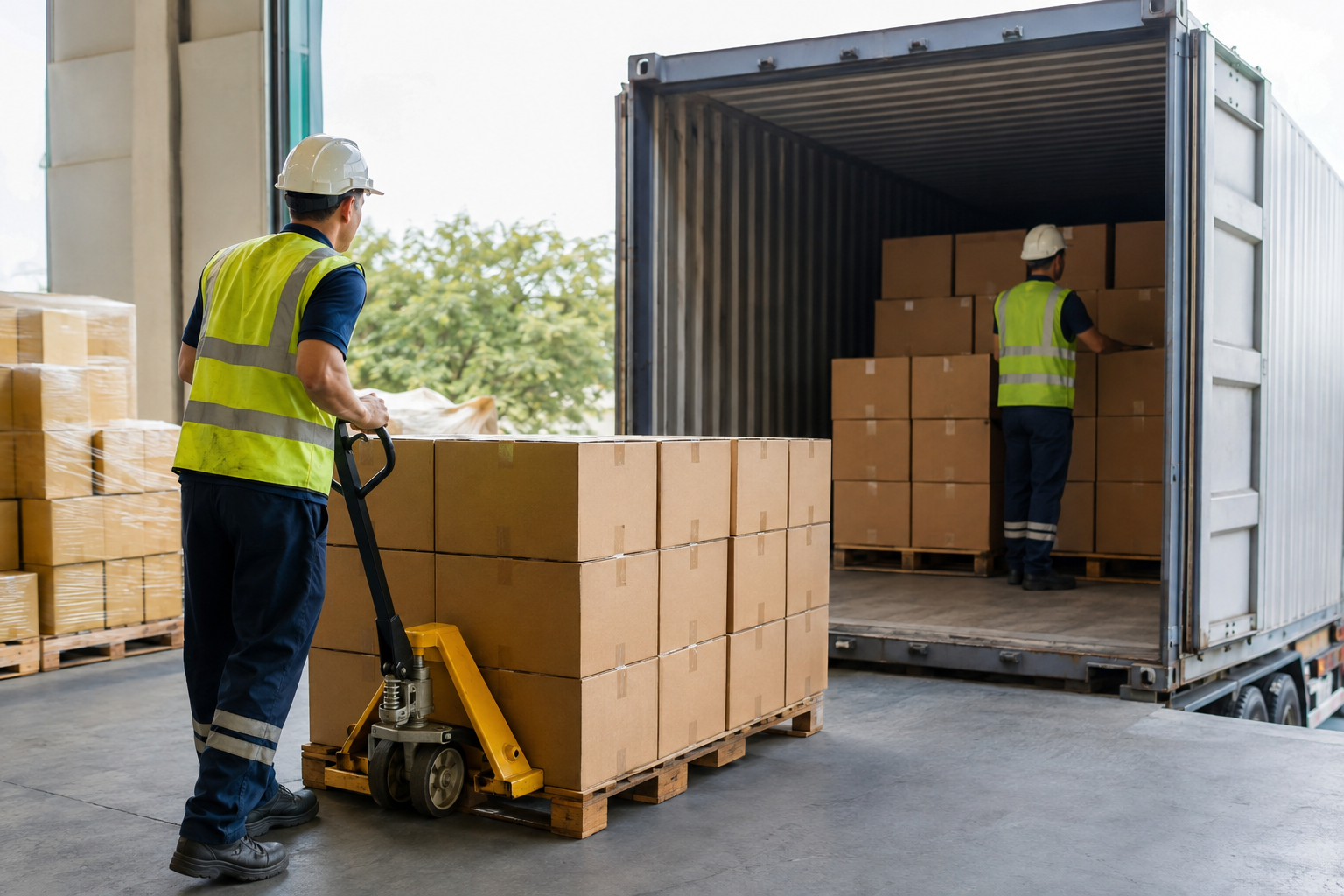 Workers loading sealed unbranded cat litter cartons into a shipping container