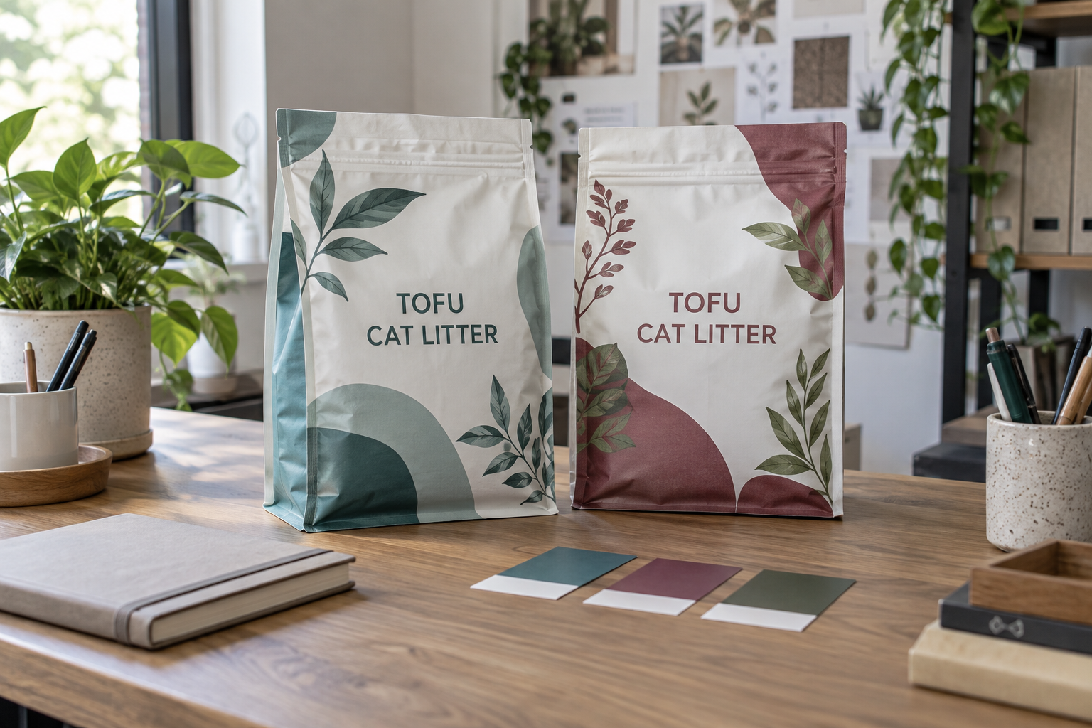 Two unbranded tofu litter packaging concepts on a product development desk