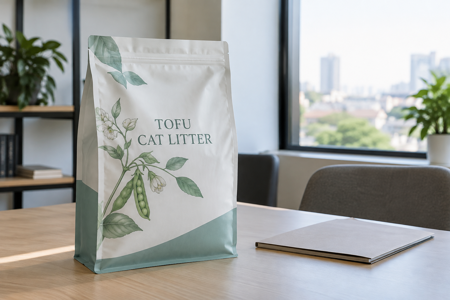 Unbranded cat litter pouch with a calculator and closed quotation folder on a buyer's desk