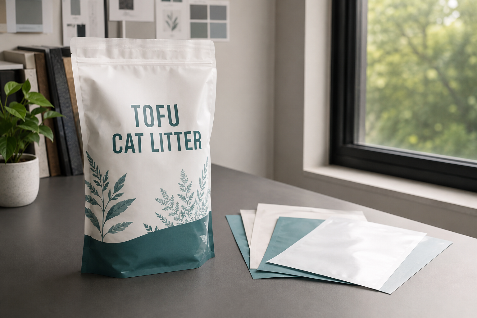 Sealed tofu litter pouch and packaging film samples in a bright quality review room