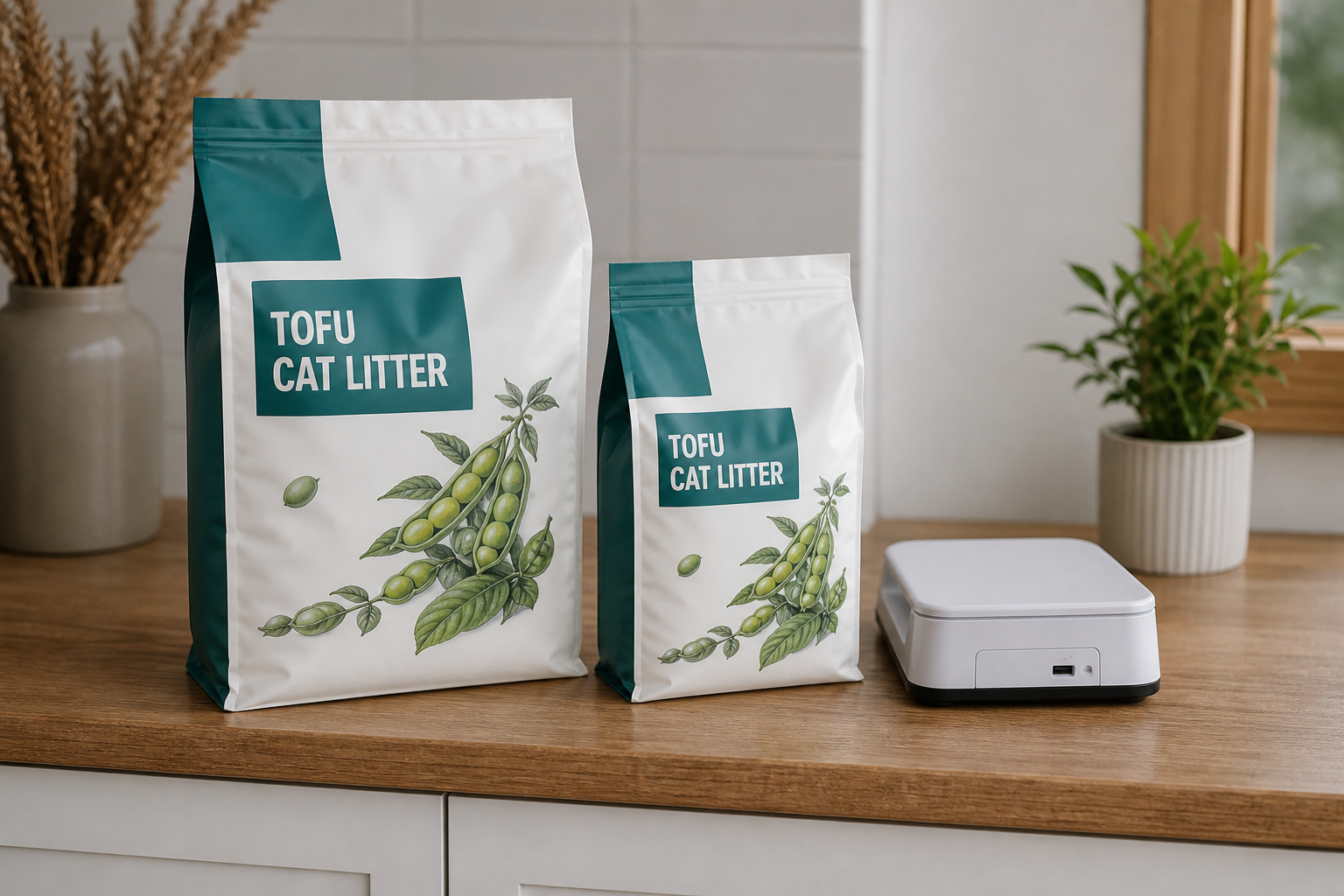 Two sizes of unbranded tofu cat litter bags beside a tabletop scale with its display out of view