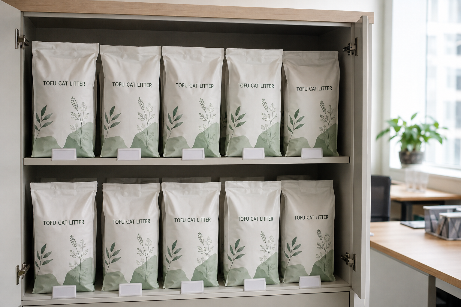 Sealed unbranded tofu litter bags stored neatly as retained packaging samples