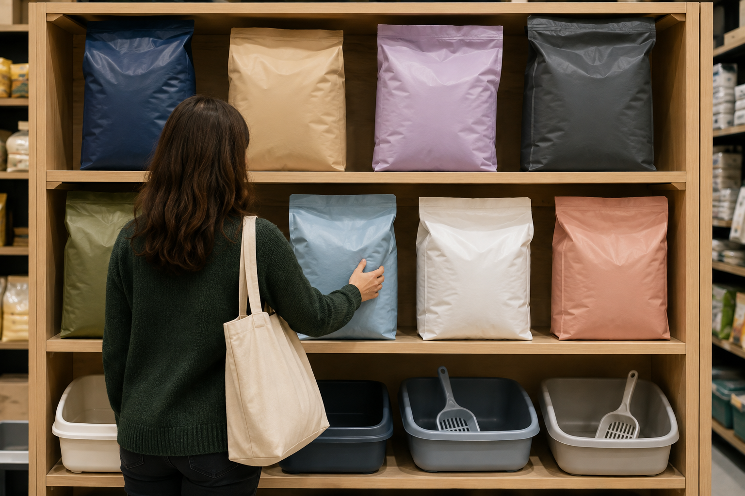 Unbranded cat litter bags arranged on a clean pet store shelf