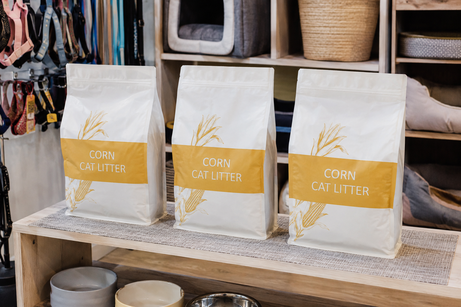 Unbranded corn cat litter pouches displayed in a bright independent pet shop