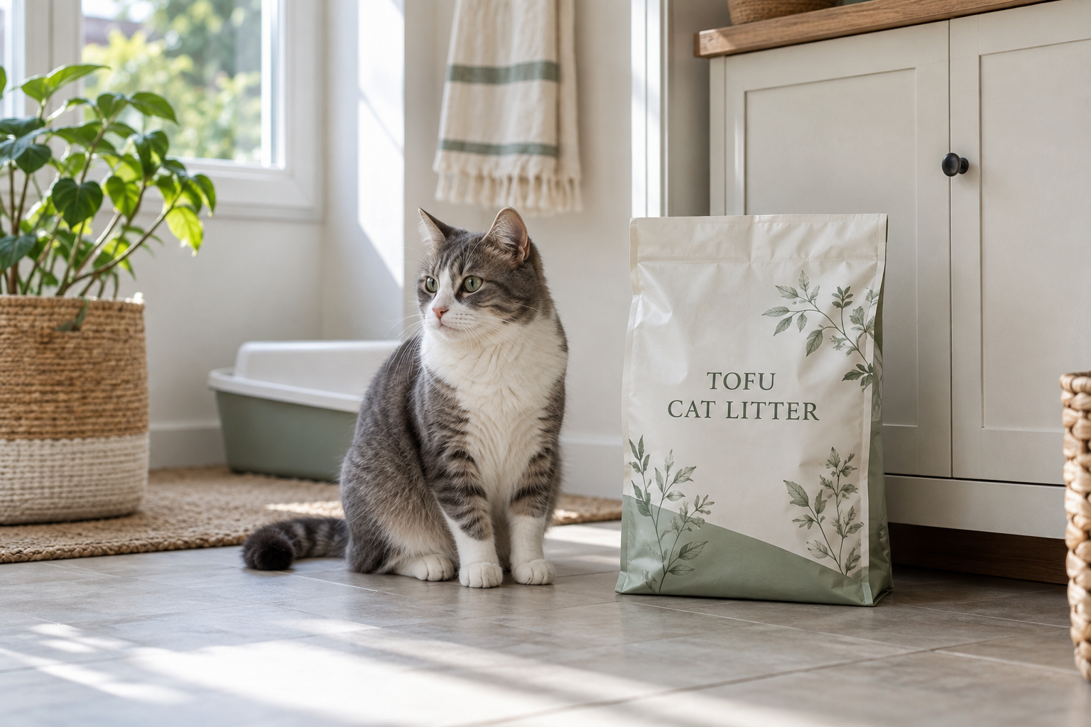 Unbranded tofu litter pouch in a clean home storage area with a cat on the floor