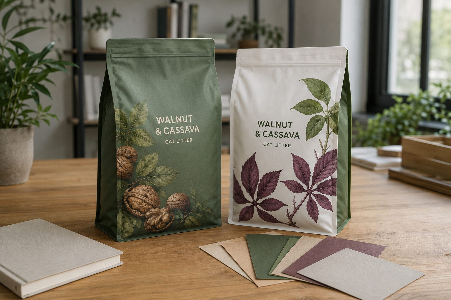 Two unbranded walnut and cassava cat litter packaging concepts on a product review table