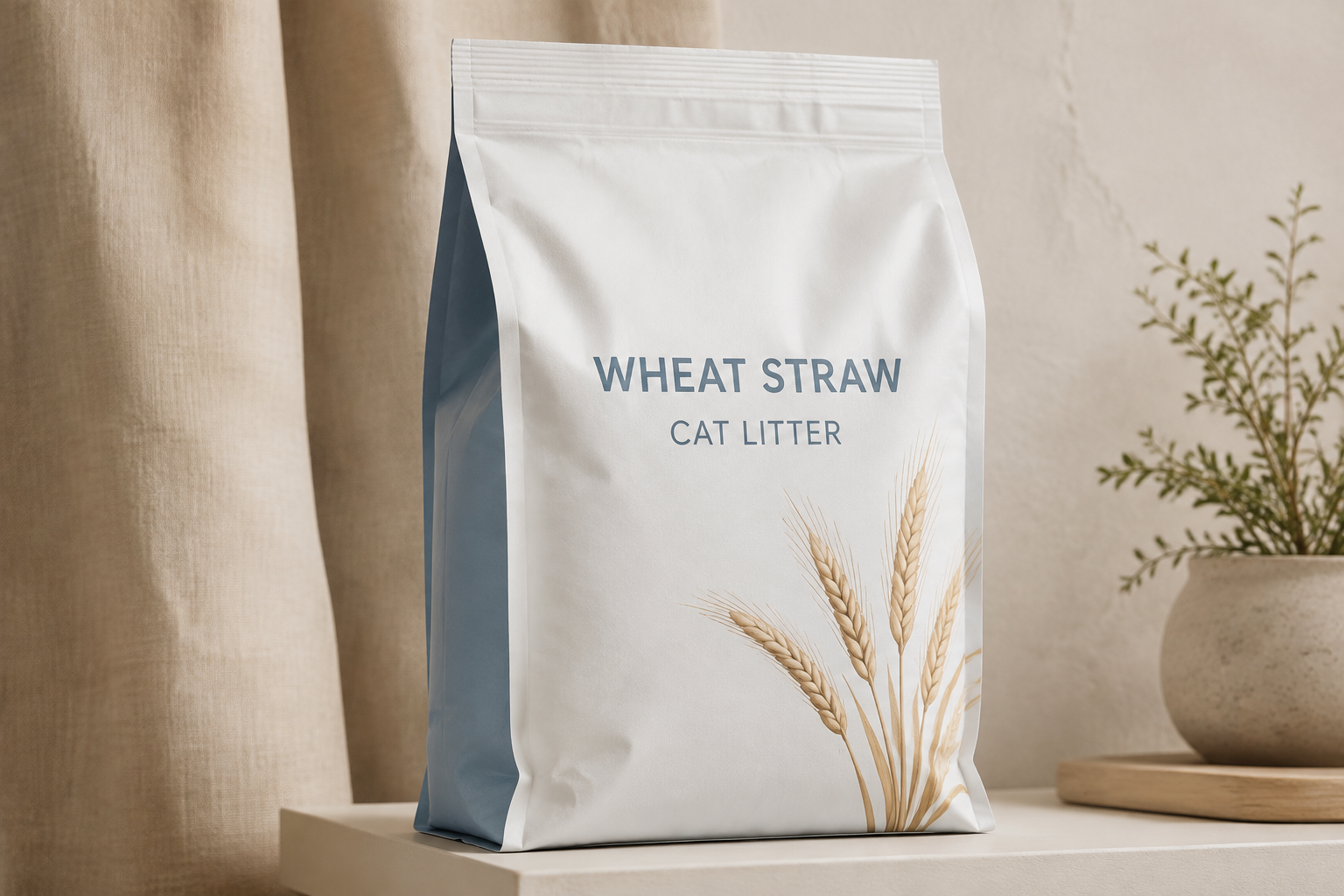 Unbranded wheat straw cat litter packaging with botanical artwork on a clean showroom display