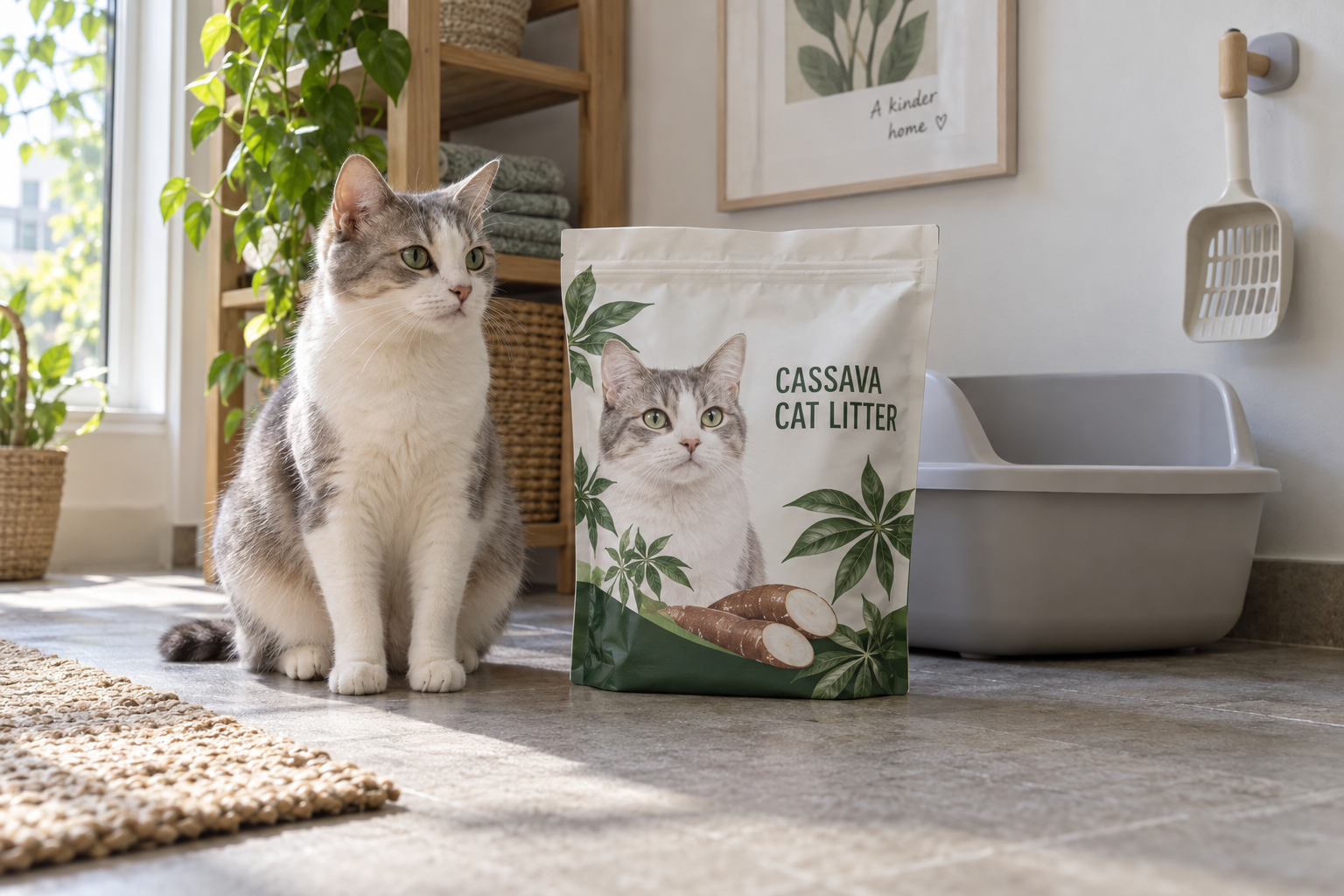 Cat sitting on the floor beside an unbranded cassava litter packaging concept and a clean tray