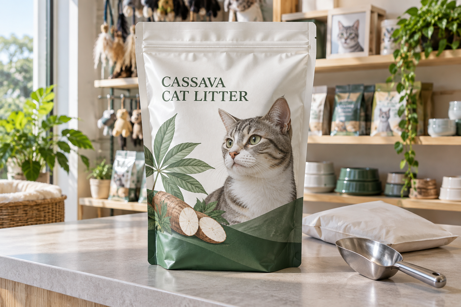 Unbranded cassava cat litter packaging concept with a printed cat portrait on a retail counter