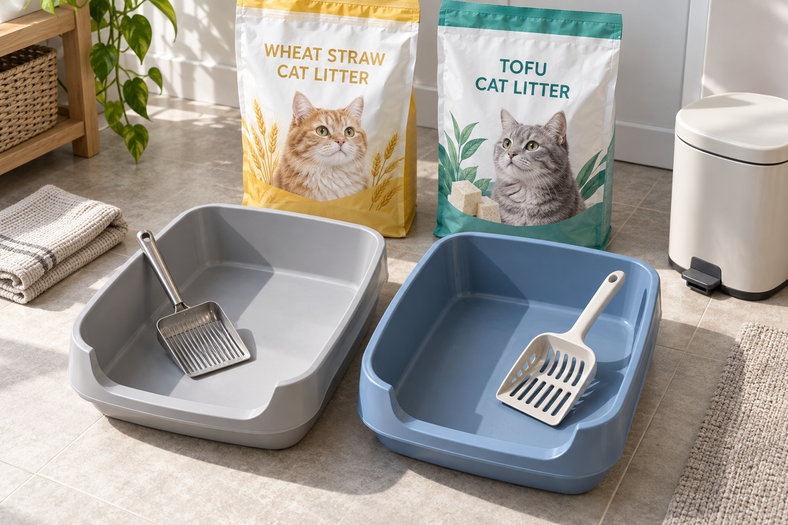 Two empty litter trays and differently slotted scoops beside unbranded wheat straw and tofu packaging concepts