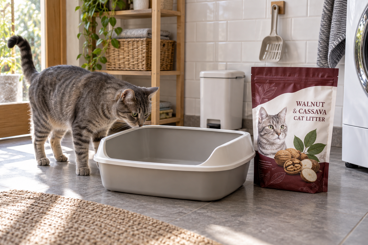 Cat on the floor inspecting an empty litter tray beside an unbranded walnut-cassava packaging concept