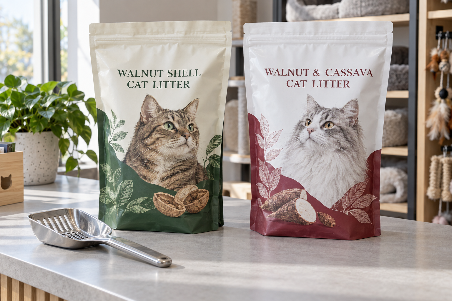 Unbranded walnut shell and walnut-cassava cat litter packaging concepts beside a clean scoop