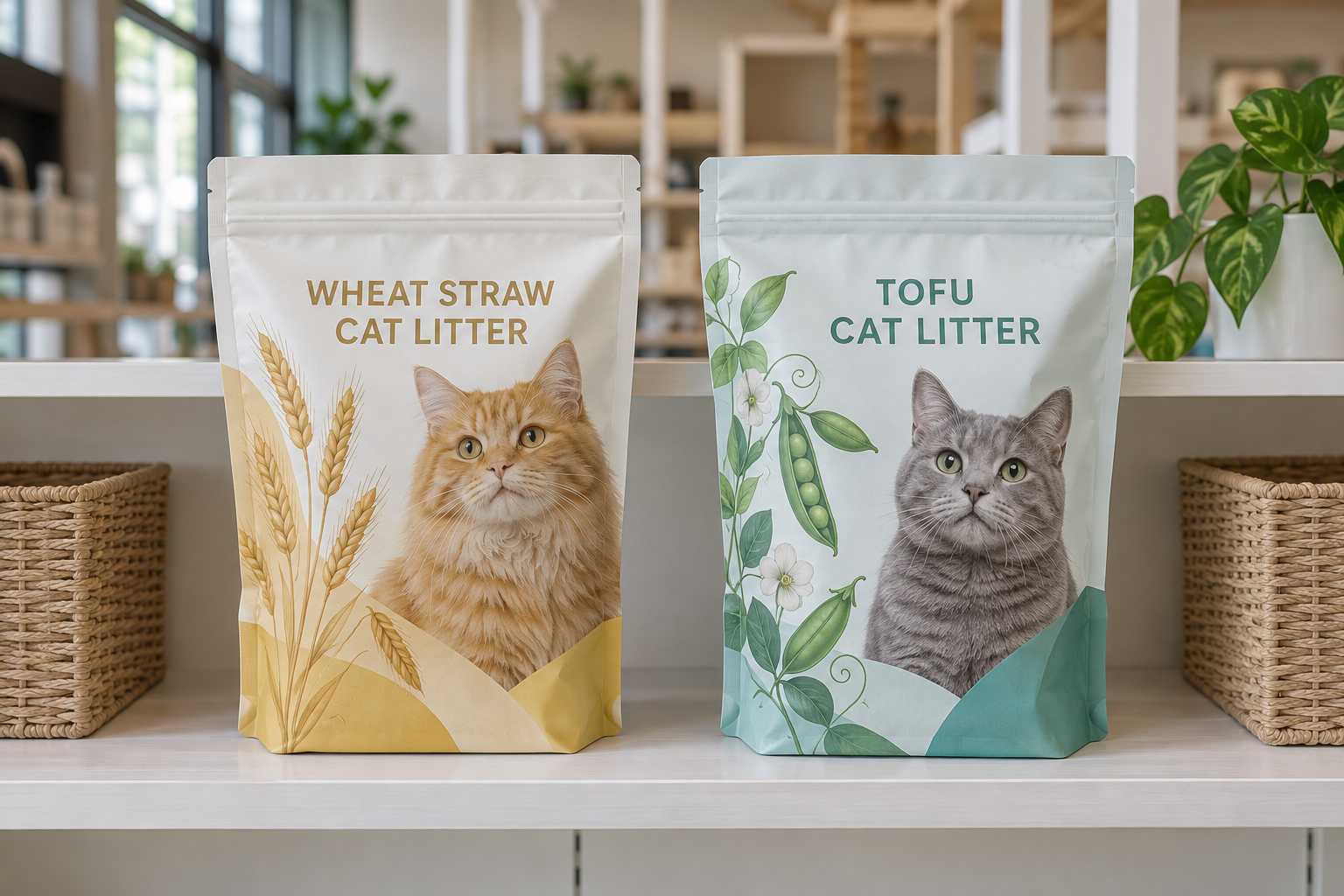 Unbranded wheat straw and tofu cat litter packaging concepts with printed cat portraits